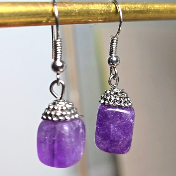 Vintange Handmade Silver Tone Purple Amethyst Dangle Earrings - Picture 4 of 16